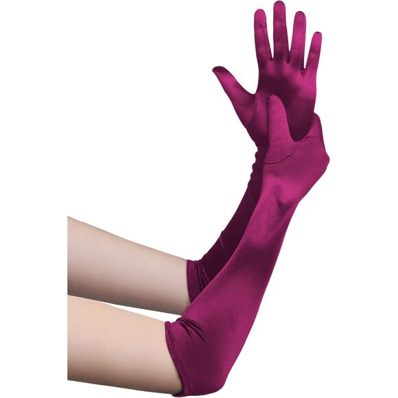 Women's Winered Long Opera Party 20s Satin Glove Stretchy Arm Cover Elbow Length - Picture 1 of 5